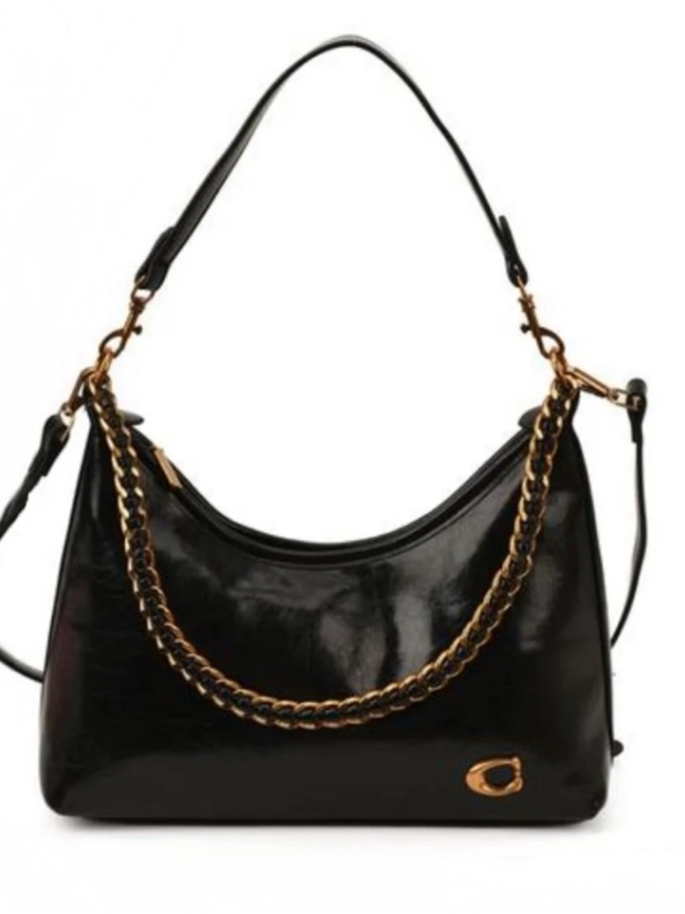 Black Faux Patent Leather Crossbody Shoulder Bag  Gold Hardware Trendy, Bag NEW